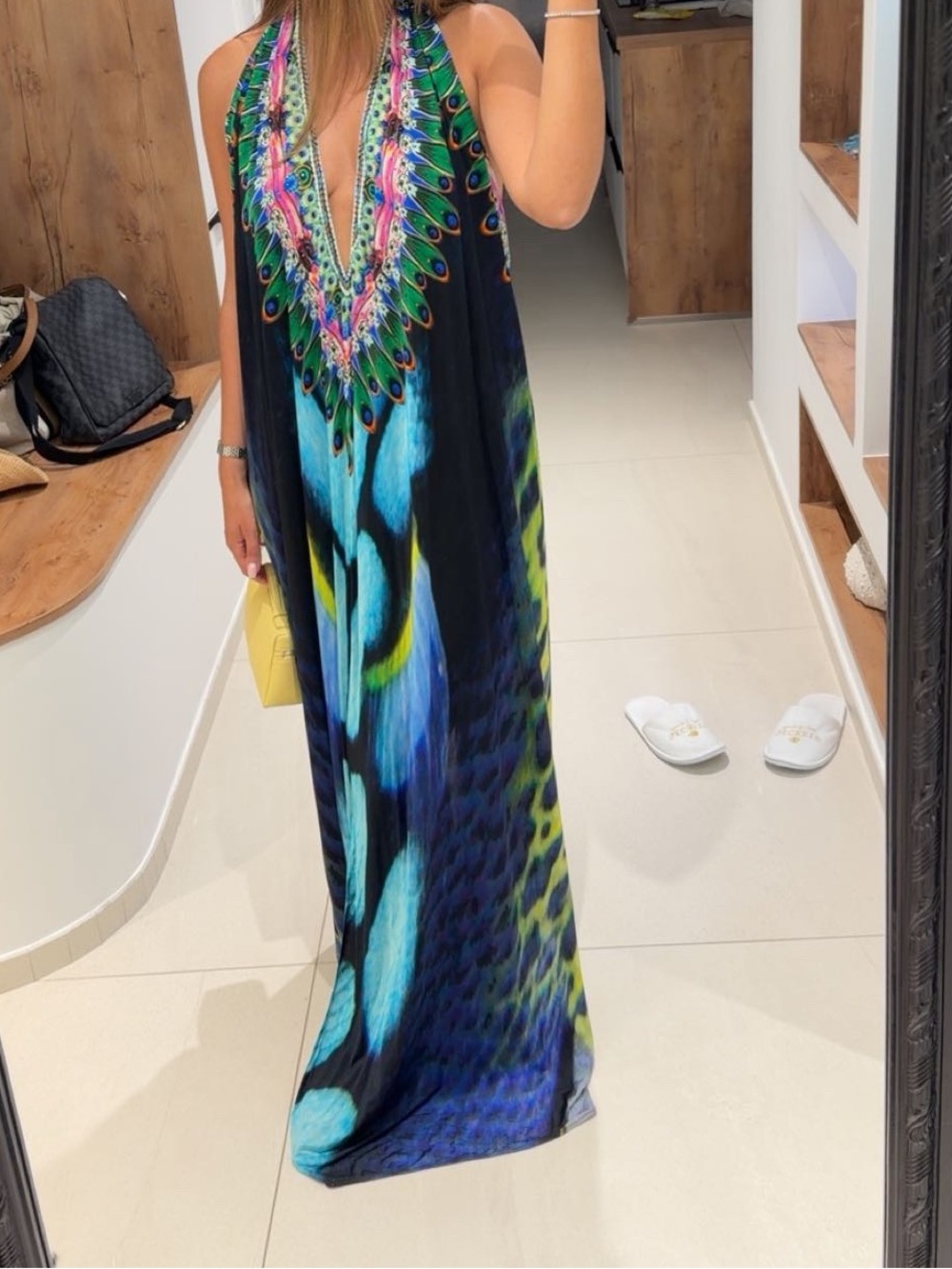 Peacock-Print Halter Maxi Dress -